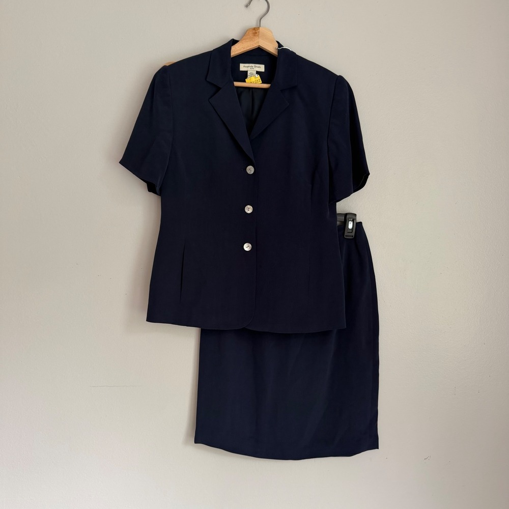 Vintage Amanda Smith Suits Navy Blue 100% Silk 2 Piece Skirt Suit Set Size 6